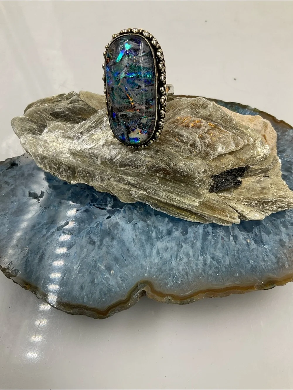Vintage Sterling Silver Dichromic Art Glass Statement Ring Size 8 Blue-Green